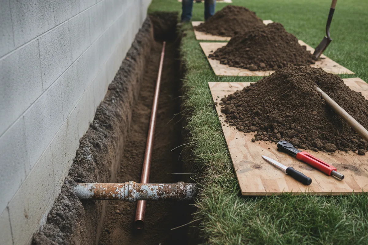 Excavated water line trench during Water Softener Installation in Fair Oaks